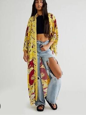 Free people hidden hills yellow floral maxi kimono coverup 70s flower power
